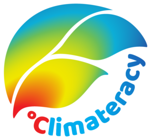 Logotyp från Climateracy (ett löv i regnbågens färger)
