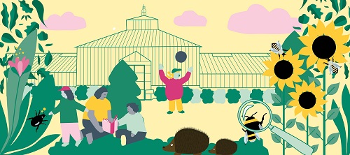 Illustration av Trädgårdsföreningens växthus med människor utanför.