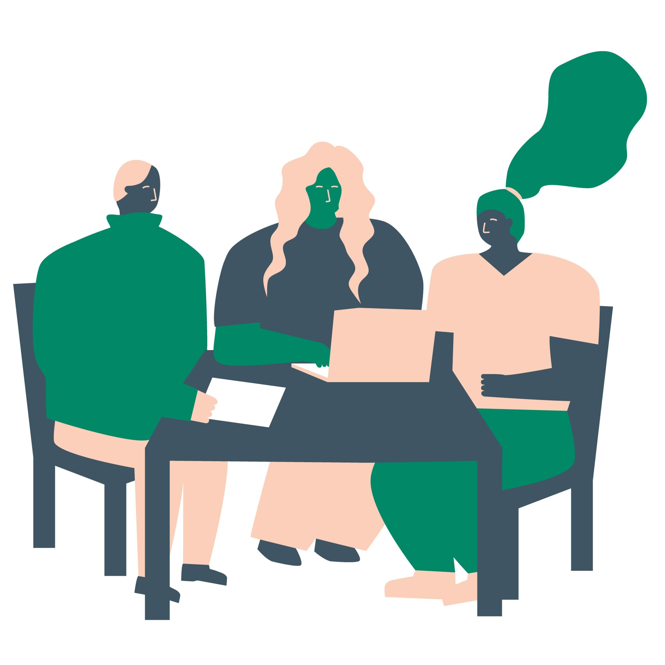 illustration: Tre personer sitter vid ett bord och samtalar.
