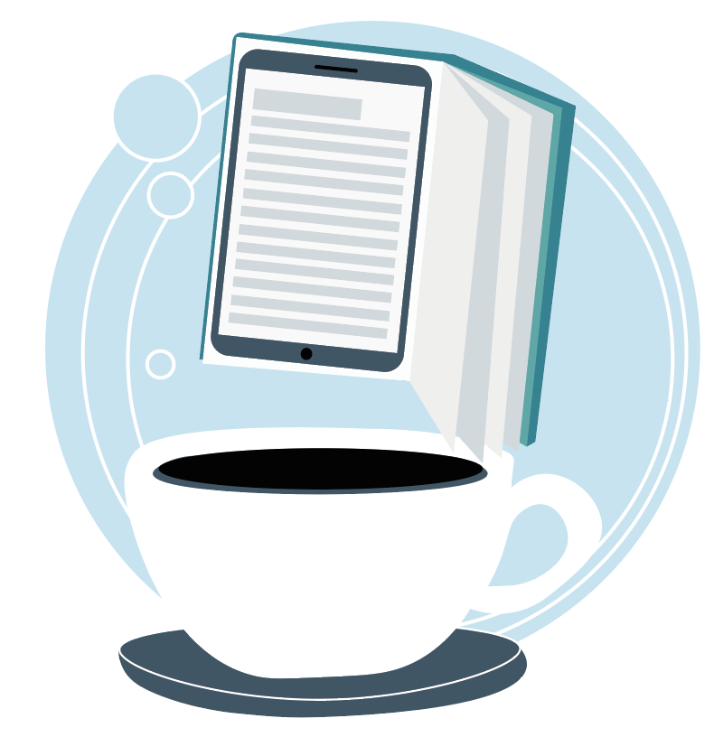 Illustration av en kaffekopp, en ipad och en öppen bok